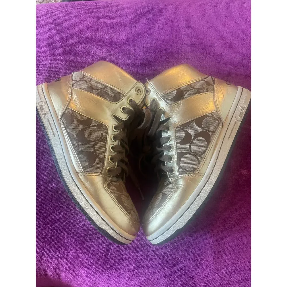 COACH Norra High Top Sneakers Gold Shoes Lace Up Size 7 Leather Canvas